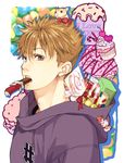  animal brown_eyes candy candy_cane chocolate cupcake eating english food food_in_mouth fujiyama_arashi hamster hashtag hood hood_basket hood_down hoodie lollipop mouth_hold orange_hair pan_chira tokimeki_memorial tokimeki_memorial_girl's_side_3rd_story 