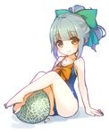  arm_support bangs barefoot blush bow brown_eyes collarbone feet food fruit full_body green_hair grey_hair hair_ribbon jakoujika kantai_collection legs looking_at_viewer melon one-piece_swimsuit ponytail ribbon sitting smile solo swimsuit toes white_background yuubari_(kantai_collection) 