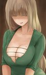  artist_name blonde_hair breasts brown_background brown_eyes brown_hair cleavage collarbone dress highres large_breasts long_hair mole mole_on_breast original shaded_face simple_background solo special_g_(spg) upper_body 