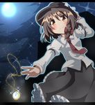  brown_eyes brown_hair do_(4-rt) full_moon hat highres juliet_sleeves letterboxed long_sleeves moon necktie night pocket_watch puffy_sleeves shirt skirt sky smile solo sparkle touhou usami_renko watch 