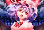 bow brooch fangs hat hat_bow jewelry lavender_hair moon nagare open_mouth red_eyes red_moon remilia_scarlet solo touhou 