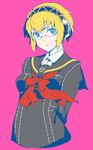  aegis_(persona) android arms_behind_back blonde_hair blue_eyes bow em glasses headphones persona persona_3 persona_4 school_uniform short_hair smile solo 