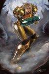  2011 absurdres arm_cannon blonde_hair blue_eyes dated full_body highres long_hair metroid no_headwear no_helmet power_armor robert_knight samus_aran signature snow solo varia_suit weapon 