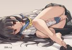  barefoot between_legs black_hair black_legwear brown_eyes dated hair_ribbon hand_between_legs isokaze_(kantai_collection) kantai_collection long_hair looking_at_viewer lying on_side panties ribbon school_uniform serafuku sidelocks sketch skirt socks solo toro_(konirio) underwear white_panties 