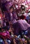  bad_id bad_pixiv_id black_legwear book bow candle cup dress flower hat highres holding long_hair looking_at_viewer onaga open_book patchouli_knowledge purple_eyes purple_hair serious sitting solo teacup touhou 