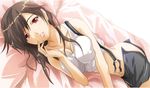  1girl artist_request bed erect_nipples final_fantasy final_fantasy_vii looking_at_viewer lying mmm-cel navel red_eyes solo suspenders tank_top tanktop tifa_lockhart undone 