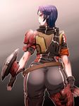  armor aspis ass athena_(borderlands) belt borderlands borderlands_the_presequel fingerless_gloves gloves highres kanta_(x-tei) looking_at_viewer looking_back parted_lips purple_eyes purple_hair short_hair solo 