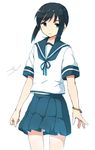  bad_id bad_pixiv_id black_eyes black_hair blue_skirt bracelet cowboy_shot fubuki_(kantai_collection) jewelry kantai_collection looking_at_viewer natsume_(na_tsumen) neckerchief pleated_skirt sailor_collar school_uniform serafuku short_hair short_ponytail simple_background skirt solo white_background 