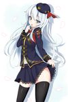  alternate_costume aqua_eyes aqua_hair beret black_legwear blush finger_to_mouth hammer_and_sickle hat hibiki_(kantai_collection) kantai_collection long_hair long_sleeves looking_at_viewer military military_uniform myuu_(arisumeria) skirt_hold solo thighhighs uniform 