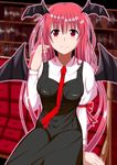  akagane03 aura bat_wings black_dress blurry blush book bookshelf breasts couch depth_of_field dress dress_shirt head_wings highres koakuma large_breasts library long_hair long_sleeves looking_at_viewer necktie red_eyes red_hair red_neckwear shirt sitting slit_pupils smile solo touhou very_long_hair voile wings 