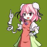  :d aratami_isse bandages chain cuffs false_arm hand_on_hip ibaraki_kasen open_mouth pink_hair red_eyes shackles short_hair smile tabard touhou 