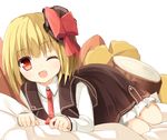  ;d bed blonde_hair fang looking_at_viewer lying necktie on_stomach one_eye_closed open_mouth red_eyes red_neckwear rumia short_hair smile solo touhou yuuhagi_(amaretto-no-natsu) 