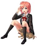  black_legwear dog hair_bun highres kneehighs looking_at_viewer open_mouth red_hair school_uniform short_hair skirt solo sukemyon troll_face white_background yahari_ore_no_seishun_lovecome_wa_machigatteiru. yuigahama_yui 