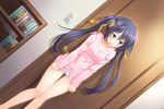  1girl blue_hair blush game_cg green_eyes highres hisama_kumako kurosu_seseri long_hair onii-chan_sharing pajamas panties solo twintails underwear 