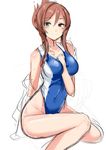  1girl bare_shoulders between_breasts brown_hair competition_swimsuit covered_navel folded_ponytail green_eyes gundam gundam_build_fighters gundam_build_fighters_try haik hair_bun hand_between_breasts highres kamiki_mirai one-piece_swimsuit red_hair solo swimsuit 