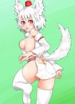  animal_ears ass bare_shoulders blush breasts butt_crack detached_sleeves green_background hat highres inubashiri_momiji kuranosuke large_breasts looking_at_viewer looking_back no_bra red_eyes short_hair sideboob silver_hair simple_background solo tail thighhighs tokin_hat touhou white_legwear wolf_ears wolf_tail 