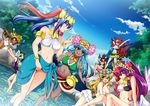  animal_ears anklet arms_up ascot astaroth_(p&amp;d) barefoot bastet_(p&amp;d) black_hair blonde_hair blue_eyes blue_hair blush bracelet breasts cat_ears cat_tail chaos_venus_(p&amp;d) cleavage dark_skin day dutch_angle freyja_(p&amp;d) green_eyes green_hair hair_tubes head_wings headdress hera_(p&amp;d) highres horns jewelry lakshmi_(p&amp;d) large_breasts long_hair multicolored_hair multiple_girls navel one-piece_swimsuit open_mouth parvati_(p&amp;d) persephone_(p&amp;d) pink_hair pointy_ears purple_hair puzzle_&amp;_dragons red_hair sarong short_hair smile swimsuit tail twintails uran_(uran-factory) venus_(p&amp;d) wading water white_swimsuit wings 