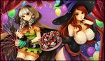  balloon bare_shoulders belt braid breasts brown_eyes cake cape curtains detached_sleeves dragon's_crown elf elf_(dragon's_crown) finger_to_mouth food fruit gloves grey_hair happy_birthday hat huge_breasts long_hair looking_at_viewer multiple_girls omocha-san parted_lips party_popper pointy_ears red_hair sash side_slit small_breasts sorceress_(dragon's_crown) strawberry thighhighs twin_braids v watermark web_address witch_hat 
