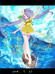  barefoot blue_eyes blue_sky chain cloud cloudy_sky dated flower full_body hair_flower hair_ornament highres instrument letterboxed long_hair lute_(instrument) namauni ocean open_mouth outstretched_arms purple_hair sky solo surfing touhou tsukumo_benben twintails very_long_hair water waves 