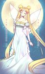  absurdly_long_hair back_bow bangs bare_shoulders bead_bracelet beads bishoujo_senshi_sailor_moon blonde_hair bow bracelet closed_eyes detached_sleeves double_bun dress facial_mark forehead_mark full_moon jewelry korean long_dress long_hair mint_(mint109) moon parted_bangs princess_serenity ribbon short_sleeves solo strapless strapless_dress translated tsukino_usagi twintails very_long_hair white_dress 