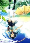  absurdres ahoge bag black_eyes black_hair black_legwear blush cloud hair_ornament hairclip handbag highres kneehighs long_hair open_mouth original pins puddle rainbow reflection sakuragi_kei scan school_uniform serafuku skirt sky smile solo umbrella water 