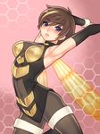  armpits arms_up avengers blue_eyes blush bodysuit breasts brown_hair covered_navel disk_wars:_avengers earrings folks_(nabokof) highres honeycomb_(pattern) honeycomb_background insect_wings jewelry marvel medium_breasts multicolored_hair pantyhose parted_lips short_hair sideboob solo wasp_(marvel) wings 