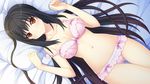  1girl artist_request bed black_hair blush bra breasts censored character_request cleavage dutch_angle game_cg houkago_no_futekikakusha long_hair lying navel nostalgic_chord panties pink_bra pink_panties red_eyes rozen5 smile solo source_request suenaga_haruka_(houkago_no_futekikakusha) underwear 