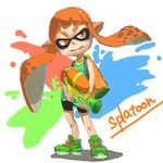  bare_legs domino_mask female gun highres ink inkling ismple_background long_hair mask nintendo orange_eyes orange_hair pointy_ears shorts simple_background smile solo splatoon tentacle_hair weapon white_background 