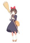  bad_id bad_nicoseiga_id bag bow broom brown_eyes brown_hair dress expressionless full_body hair_bow hairband handbag highres holding kiki looking_away looking_to_the_side majo_no_takkyuubin nekoze_(chatte_secca) shoes short_hair simple_background solo white_background 