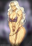  amazon_(dragon's_crown) artist_name bikini biting blonde_hair blue_eyes blush breast_squeeze breasts circlet cleavage collaboration colorized cowboy_shot dragon's_crown elee0228 embarrassed highres large_breasts lip_biting long_hair looking_at_viewer lvl_(sentrythe2310) muscle muscular_female polka_dot solo swimsuit tattoo thick_thighs thighs wavy_hair 