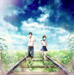  1girl black_hair brown_hair cloud conone day highres holding_hands no_socks original petals railroad_tracks scenery school_uniform serafuku short_hair skirt sky 