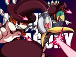  1boy 1girl 7_(pixiv) argus_(skullgirls) avery_(skullgirls) beak bird dress eyes_closed gloves hat laser mechanical_arms peacock_(skullgirls) pointing red_eyes ribbon skullgirls tongue tongue_out top_hat 