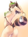  adapted_costume animal_ears armpits arms_up ass back bottle breasts brown_eyes brown_hair futatsuiwa_mamizou glasses gradient gradient_background large_breasts leaf leaf_on_head looking_at_viewer maki_(seventh_heaven_maxion) one-piece_swimsuit open_mouth profile raccoon_ears raccoon_tail short_hair simple_background solo swimsuit tail touhou 