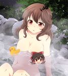  bathing blush breasts brown_hair collarbone convenient_censoring hair_down hakurei_reimu haruki_(colorful_macaron) large_breasts long_hair navel night nude onsen open_mouth red_eyes rubber_duck solo stomach touhou wet yukkuri_shiteitte_ne 