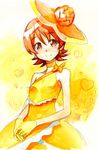  blush brown_eyes brown_hair dress earrings gloves happinesscharge_precure! hat highres jewelry kurose_kousuke looking_at_viewer oomori_yuuko precure ribbon short_hair smile solo yellow_dress 