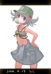  bare_shoulders blue_eyes blue_hair bubble_blowing chewing_gum clothes_around_waist commentary_request dated highres kawashiro_nitori letterboxed looking_at_viewer midriff namauni navel shirt shirt_around_waist short_hair short_twintails skirt solo sports_bra touhou twintails two_side_up 