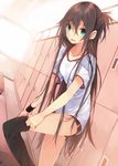  :d adjusting_clothes adjusting_legwear aqua_eyes black_legwear brown_hair collarbone dutch_angle gym_uniform kuwashima_rein locker locker_room long_hair looking_at_viewer open_mouth original smile solo thighhighs zettai_ryouiki 