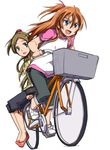  bicycle blue_eyes brown_hair capri_pants green_eyes ground_vehicle hair_bobbles hair_ornament haiteku houjou_hibiki long_hair minamino_kanade multiple_girls multiple_riders no_socks open_mouth orange_hair pants precure riding sidesaddle simple_background sitting suite_precure white_background 