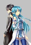  1girl asuna_(sao) asuna_(sao-alo) back-to-back black_eyes black_hair blue_eyes blue_hair kirito kirito_(sao-alo) long_hair pointy_ears short_hair sword_art_online thighhighs wauchi zettai_ryouiki 