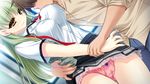  1boy 1girl artist_request breast_sucking breasts character_request game_cg green_hair indoors interheart large_breasts long_hair panties pink_panties ryuuki_yumi saimin_paranoia satomi_shion school_uniform skirt skirt_lift source_request underwear yellow_eyes 