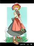  aki_minoriko anklet apron blonde_hair bow closed_eyes dated food fruit full_body grapes hat hat_ornament highres holding jewelry leaf letterboxed long_skirt mob_cap namauni net plant puffy_short_sleeves puffy_sleeves sandals shirt short_hair short_sleeves simple_background skirt smile solo standing sweat sweatdrop touhou waist_apron watermelon yellow_shirt 