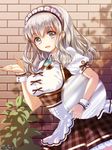  :d anna_miller apron grey_eyes grey_hair maid_apron maid_headdress open_mouth psychic_hearts smile solo tray waitress wrist_cuffs 