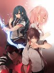  2girls aqua_eyes black_hair bow_(weapon) brown_eyes brown_hair character_request closed_eyes dengeki_bunko holding kuwashima_rein long_hair looking_at_viewer multiple_boys multiple_girls necktie official_art open_mouth pink_hair school_uniform strange_moon weapon 