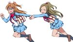  ^_^ aria_gakuen_school_uniform bag blue_eyes blue_shirt blue_skirt bow bowtie brown_hair closed_eyes hair_bobbles hair_ornament haiteku holding_hand holding_hands houjou_hibiki long_hair minamino_kanade multiple_girls open_mouth orange_hair pink_bow precure school_uniform shirt simple_background skirt socks suite_precure two_side_up white_background 