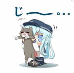  :3 =_= animal bad_id bad_pixiv_id black_legwear blue_eyes blue_hair blush blush_stickers cat error_musume hat hibiki_(kantai_collection) holding holding_animal hoto_hakku kantai_collection long_hair long_sleeves motion_lines open_mouth pleated_skirt sailor_collar seiza shadow shirt sitting skirt thighhighs uniform whiskers white_background 
