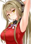  :&lt; aiguillette aldehyde amagi_brilliant_park antenna_hair arm_behind_head arm_up armpits blush breasts brown_hair hair_intakes large_breasts long_hair looking_at_viewer ponytail sento_isuzu sleeveless solo sweat upper_body yellow_eyes 