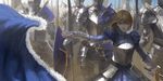  armor armored_dress artoria_pendragon_(all) blonde_hair excalibur fate/stay_night fate_(series) faulds gauntlets hair_ribbon height_difference helmet juliet_sleeves knight long_sleeves polearm puffy_sleeves ribbon saber shield soldier spear sword virus76 weapon 