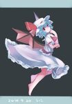  arm_ribbon ascot barefoot bat_wings blue_hair bow dress frilled_dress frilled_skirt frills full_body hand_on_own_chin hat hat_ribbon highres letterboxed looking_at_viewer mob_cap namauni puffy_short_sleeves puffy_sleeves red_eyes remilia_scarlet ribbon short_hair short_sleeves simple_background skirt skirt_set smile solo touhou wings 