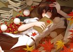  autumn_leaves blush book book_stack brown_hair covering_mouth gizensha half-closed_eyes hand_on_own_head hat leaf lying on_back on_floor one_eye_closed red_eyes shameimaru_aya short_hair skirt solo tatami tokin_hat touhou windowsill 