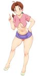  ass_visible_through_thighs breasts brown_eyes brown_hair cleavage crop_top hanako_(pokemon) large_breasts legs long_hair mature midriff miniskirt navel no_bra open_clothes open_shirt pokemon ponytail shikuta_maru shirt skirt solo thighs underboob 